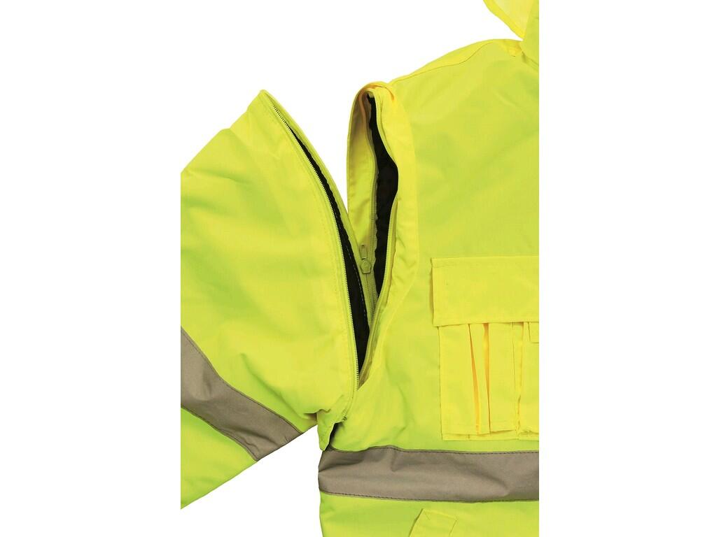 Jacket LEEDS: High visible padded jacket to the waist, 2in1, water-resistant and windproof, reflective tapes, taped seams, zipper fastening covered by trimming, removable sleeves…