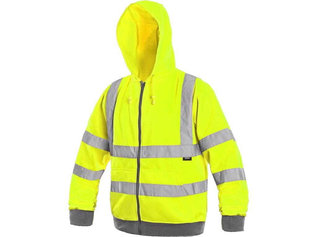 Sweatshirt FROME: High visible jacket with reflective tapes and hood, zipper fastening, warhead sleeves, rubber in wristband and waist, two bottom pockets.