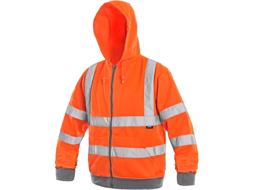 Sweatshirt FROME: High visible jacket with reflective tapes and hood, zipper fastening, warhead sleeves, rubber in wristband and waist, two bottom pockets.