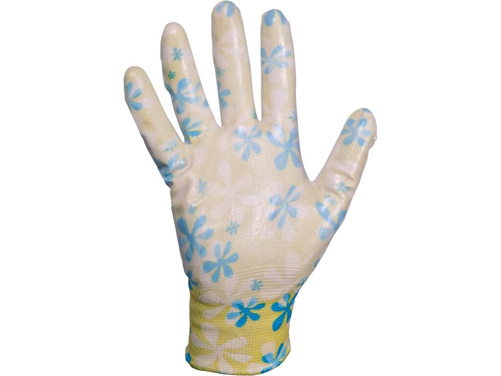 Gloves CXS FIDO: Knitted seamless gloves with print, palm and fingers smooth nitrile coated, elastic cuff. Packed with blister. Recommended application: garden, hobby, agriculture…
