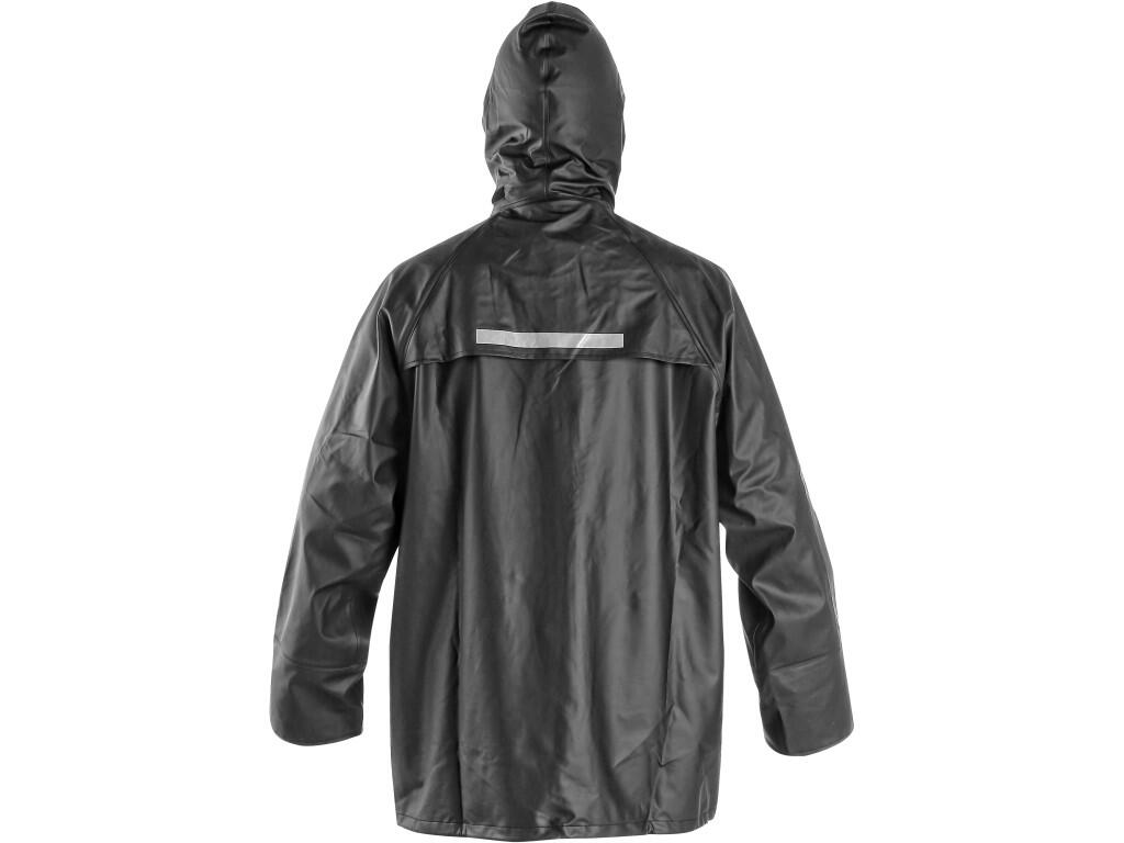 Jacket CXS PU: Waterproof jacket with hood in the collar and reflective accessories. Zipper and snap fastening, inner sleeve cuffs to rubber, tightening at the bottom, back and un…