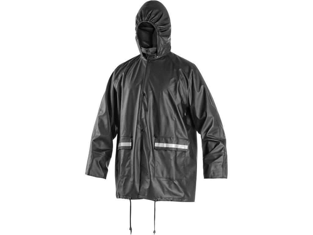 Jacket CXS PU: Waterproof jacket with hood in the collar and reflective accessories. Zipper and snap fastening, inner sleeve cuffs to rubber, tightening at the bottom, back and un…