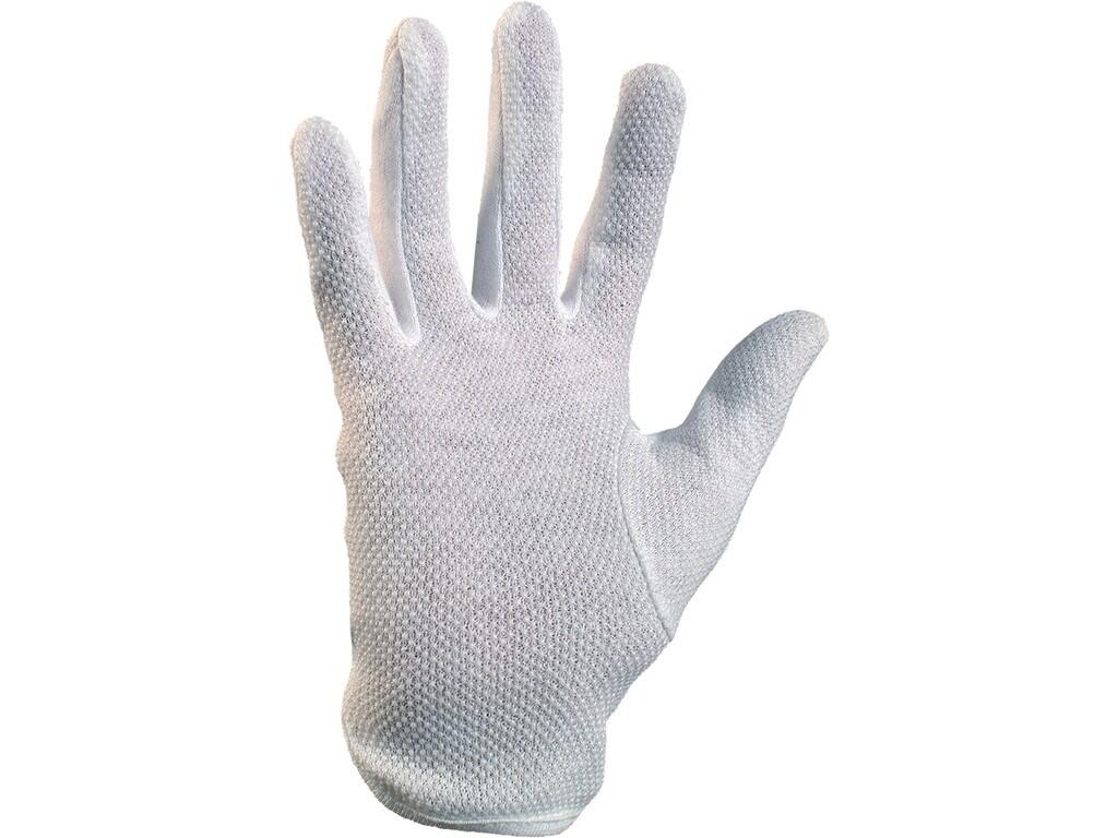 Gloves MAWA: Textile gloves made of bleached cotton knit, fourchette style, PVC dots in palm, elastic band in the wrist. Recommended application: warehouse, handling with light or…