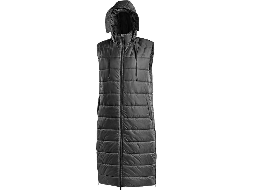 Vest CXS FONTANA: Ladies’ long padded vest with a detachable hood. The vest features a two-way zipper, side slits with a zipper, side pockets with zippers, and an inner pocket wit…