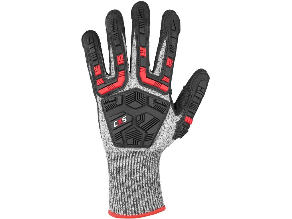 Gloves CXS CUT-DEFEND IMPA: Cut-resistant gloves with cut protection level D and impact-resistant TRP knuckle protection (P). The palm and fingers are coated with nitrile featurin…