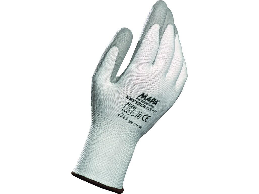 Gloves MAPA KRYTECH 579: Anticut gloves with palm and fingers coated with polyurethan foam, anticut level 3. Glove lenght: 22-27 cm. Recommended use: assembly of thin metal sheets…