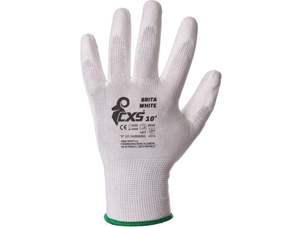 Gloves CXS BRITA WHITE: Knitted seamless gloves, palm and fingers coated by polyurethane, elastic cuff. Recommended application: automotive, electronics, logistics, warehouse, lig…