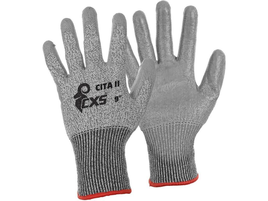 Gloves CXS CITA II: Knitted seamless gloves with anticut level D, palm and fingers dipped in polyurethane. Great abrasion and cut resistance. Recommended application: logistics, w…
