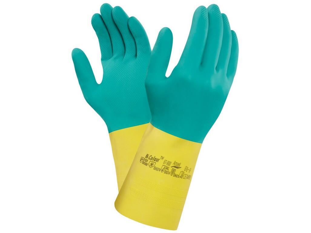 Gloves ANSELL BI-COLOUR 87-900: Bi-colour double dipped natural rubber & neoprene glove,with flocked lining Latex neoprene blend for reliable protection against a very wide range…