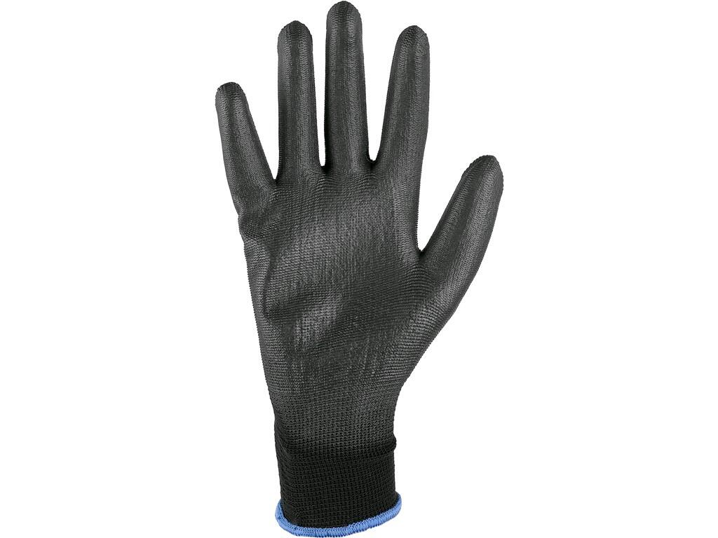 Gloves CXS BRITA BLACK: Knitted seamless gloves, palm and fingers coated by polyurethane, elastic cuff. Recommended application: automotive, electronics, logistics, warehouse, lig…