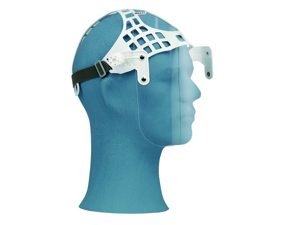 Shield OKULA S-P 28: Protective visor protects face against liquid splash and mechanical particles. Including head gear. Suitable over prescription glasses.