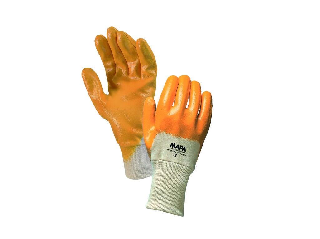 Gloves MAPA TITANLITE 397: Gloves dipped in nitrile with elastic cuff. Glove lenght: 27-31 cm, thickness: 1,00 mm. Recommended applications: sanding, precision mechanical work. Br…