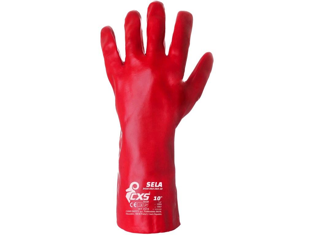 Gloves CXS SELA: Gloves covered with thick PVC coating. Recommended application: humid and slightly oily environments, garbage collecting, cleaning, water supply and sanitation.