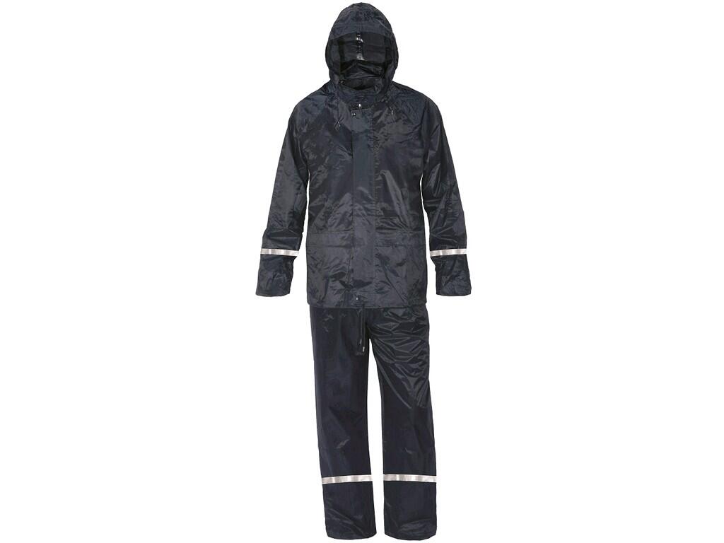 Suit CXS PROFI: Waterproof rain suit with hood in the collar, lower grammage. Zipper fastening, tightening at the bottom, back and underarm ventilation, waist of the trousers to t…