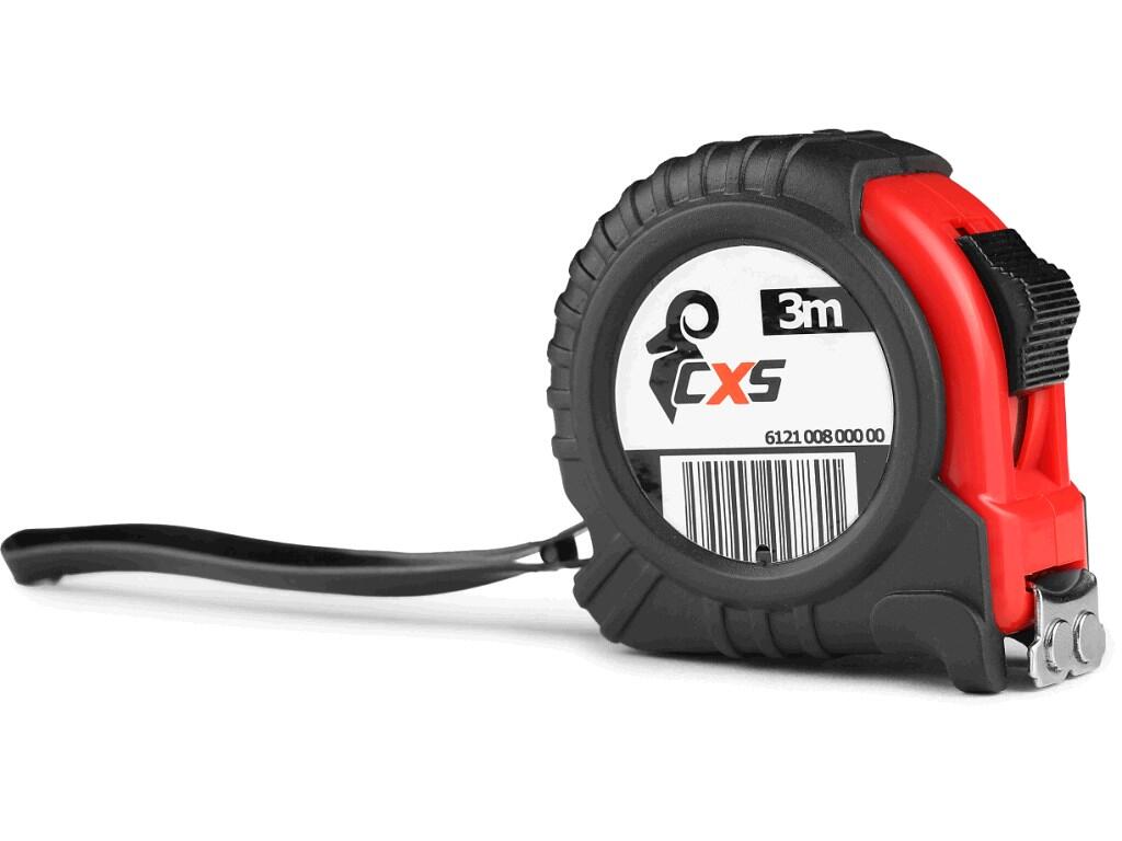 Tape measure: Metal tape measure in plastic case, with magnet on the front of the hook. Metal clasp and rubber loop for hanging. Length 3m.