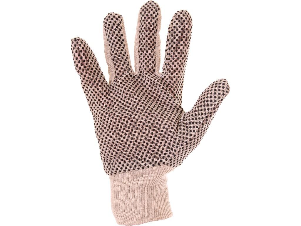 Gloves GABO: Textile gloves made of cotton cloth, PVC dots in palm, elastic cuff. Recommended application: logistics, warehouse, hobby, light assembly, agriculture, gardening.