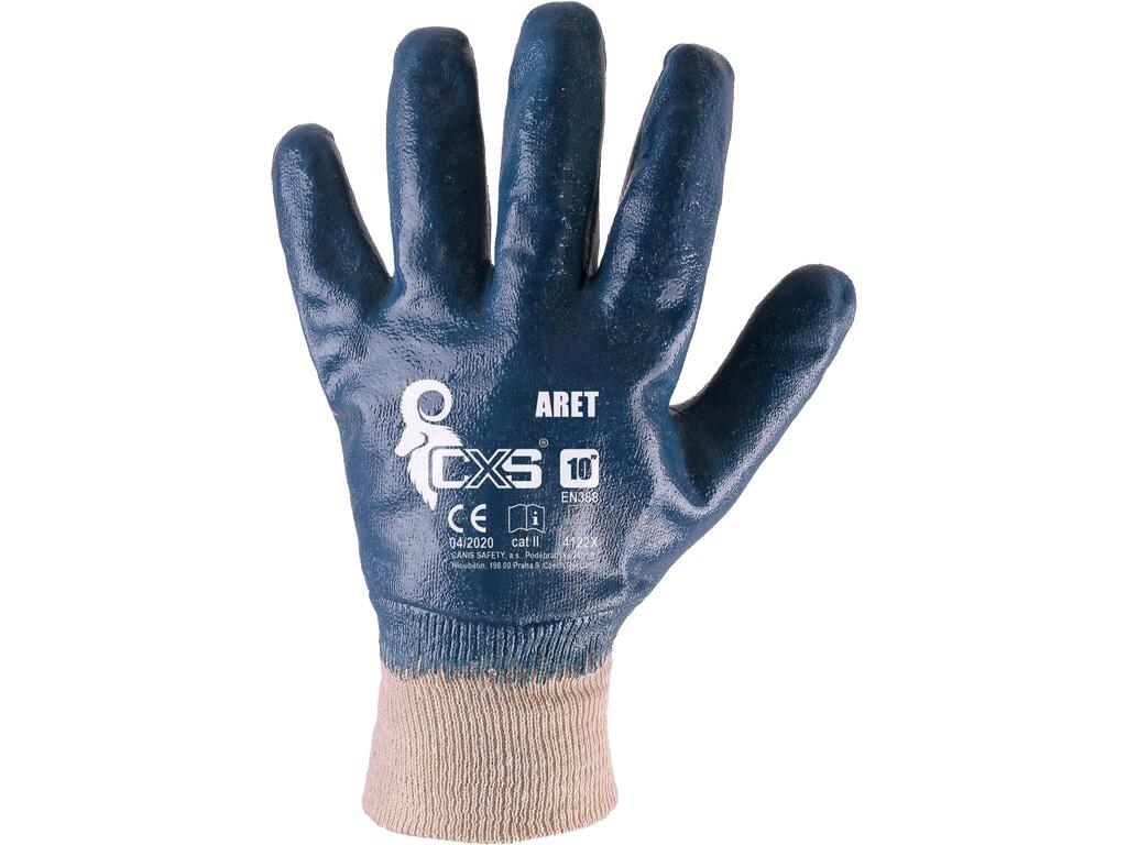 Gloves CXS ARET: Gloves dipped in blue nitrile with knitted cuff. Recommended application: construction, humid environments, agriculture, water suply and sanitation.