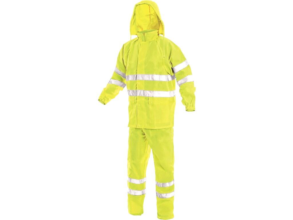 Suit YORK: High visible suit with reflective tapes, waterproof, taped seams, hood in collar, jacket’s fastening covered by trimming, raglan sleeves with rubber wristband, two bott…