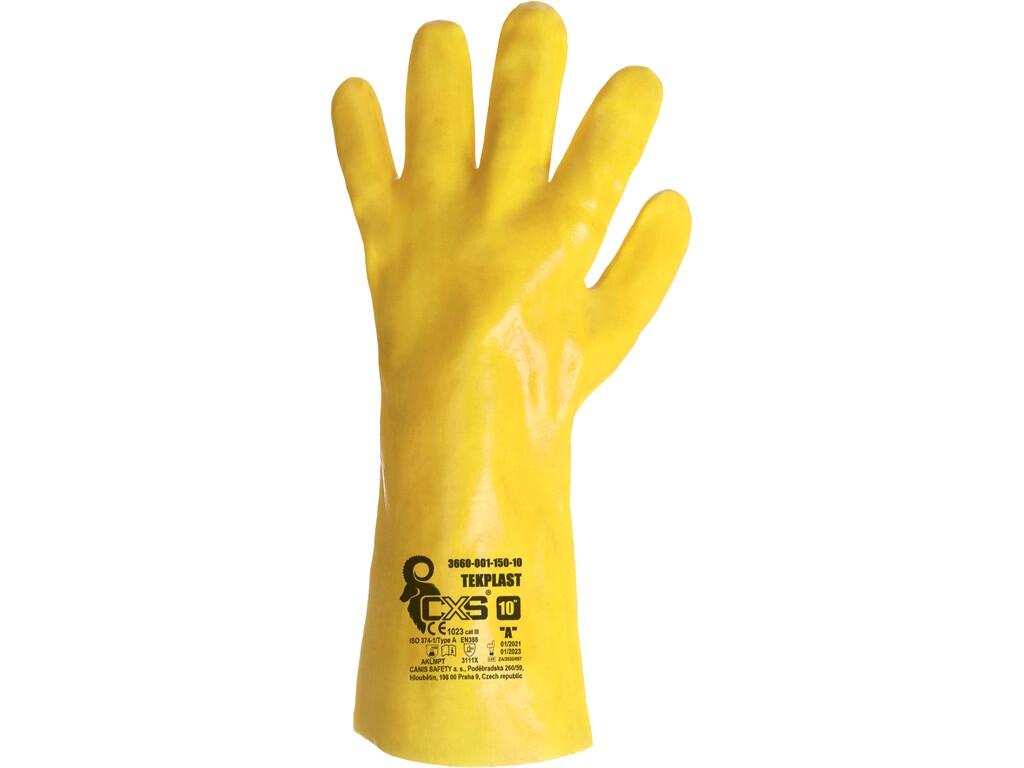 Gloves CXS TEKPLAST: Acid resistant gloves with PVC coating. Resistant to substances such as methanol, sulfuric acid, sodium hydroxide - see technical documentation. Recommended a…
