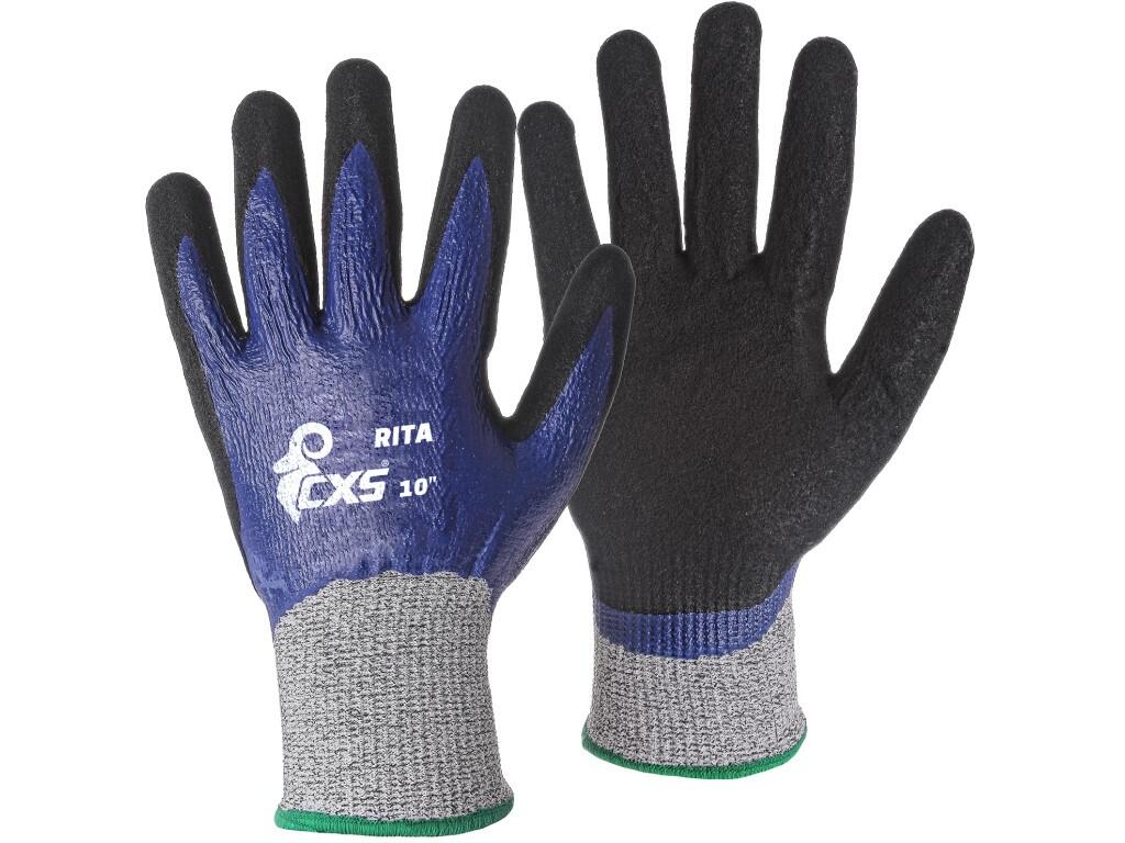 Gloves CXS RITA: Knitted seamless gloves with anticut level D, fully coated with smooth nitrile, palm and fingers coated with black nitrile with sandy finish for antislip grip. Gr…