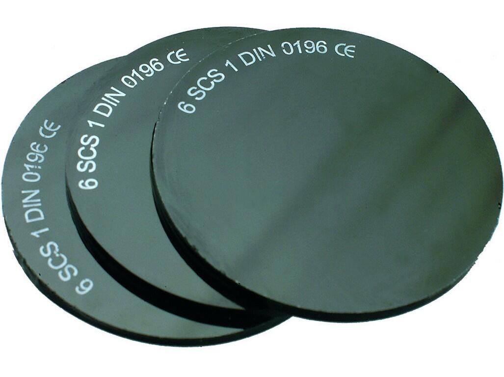 Glass for welding goggles: Dark, fitted into goggles protect eyes against radiation action rasing from welding, diameter: 50 mm. Usage: welding and hard soldering.