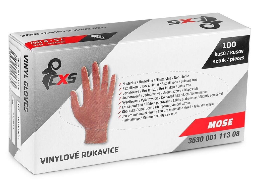 Gloves MOSE: Disposable vinyl gloves, weight 4.5g, silicone and latex free, slightly powdered, 100 pcs per pack. Medical device class I. Touch fingers. Nie zawiera mieszanin tiura…