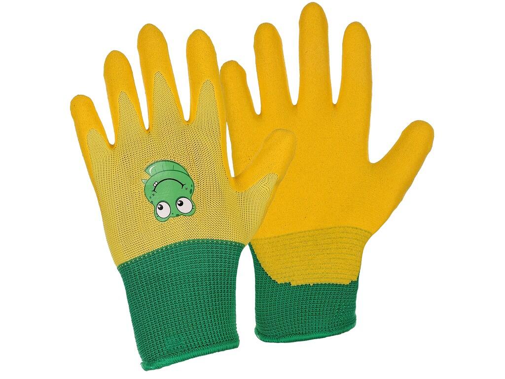 Gloves CXS DRAGO-BLISTER: Children seamless knitted gloves with printing on the back. Palm and fingers coated by nitrile foam. Packed with blister.