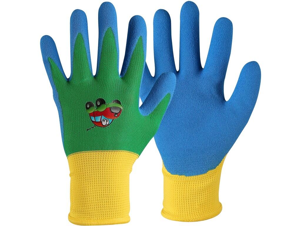Gloves CXS DRAGO-BLISTER: Children seamless knitted gloves with printing on the back. Palm and fingers coated by nitrile foam. Packed with blister.