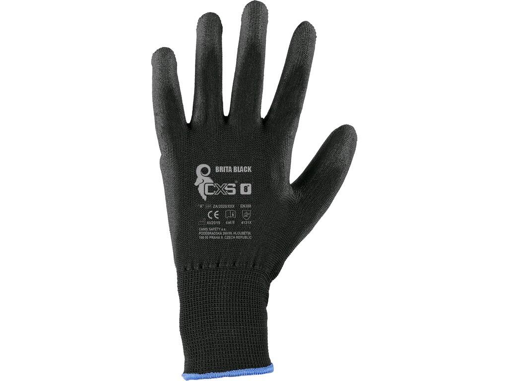 Gloves CXS BRITA BLACK: Knitted seamless gloves, palm and fingers coated by polyurethane, elastic cuff. Recommended application: automotive, electronics, logistics, warehouse, lig…