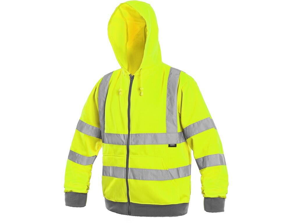 Sweatshirt FROME: High visible jacket with reflective tapes and hood, zipper fastening, warhead sleeves, rubber in wristband and waist, two bottom pockets.