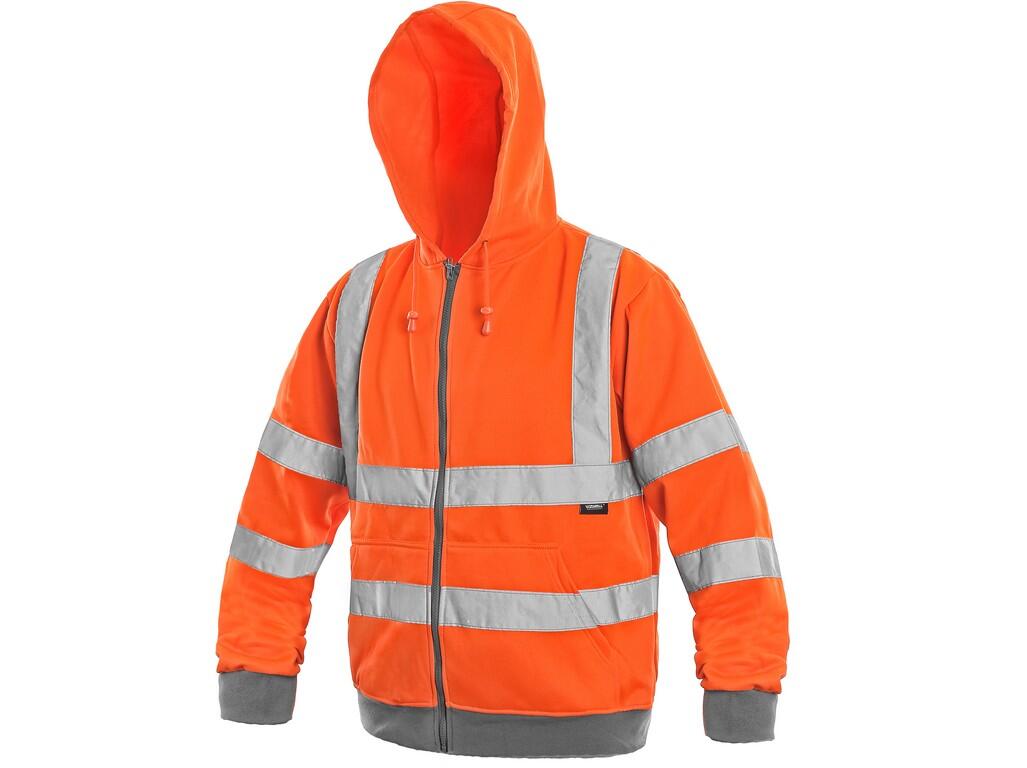 Sweatshirt FROME: High visible jacket with reflective tapes and hood, zipper fastening, warhead sleeves, rubber in wristband and waist, two bottom pockets.