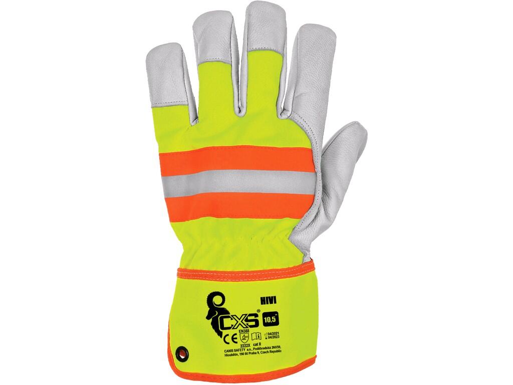 Gloves CXS HIVI: Combined gloves, yellow-orange with reflective accessory. Metal hole on the cuff for snap hook. Packed with blister. Recommended application: logistics, light ind…