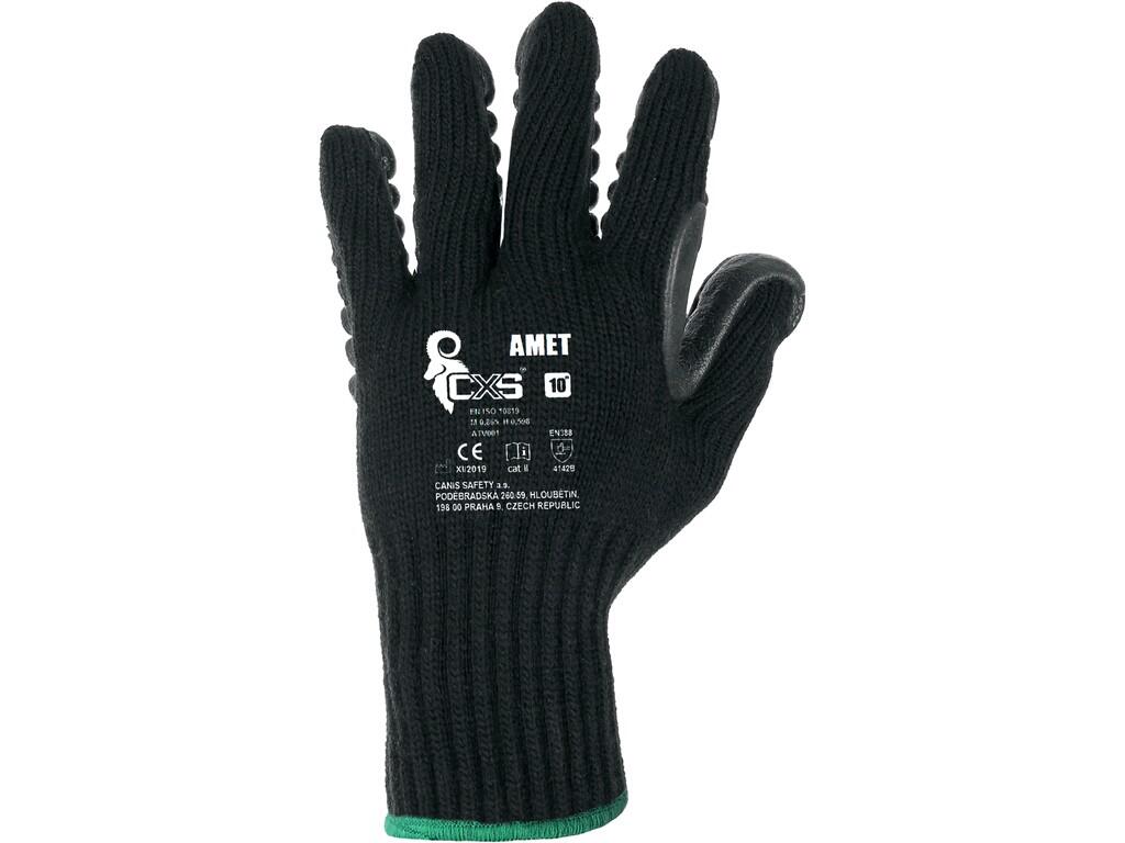 Gloves CXS AMET: Knitted gloves with antivibration pads from latex foam in palm, elastic cuff. Packed with blister. Recommended application: work with vibrating tools, plant care,…