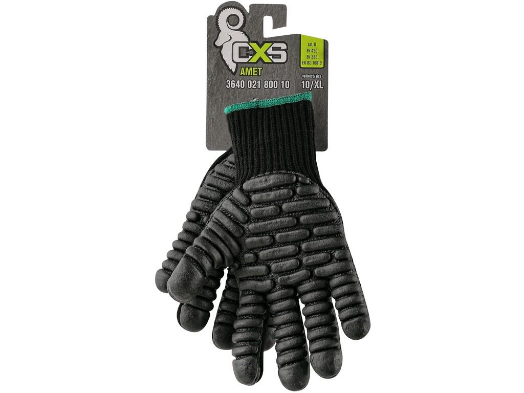 Gloves CXS AMET: Knitted gloves with antivibration pads from latex foam in palm, elastic cuff. Packed with blister. Recommended application: work with vibrating tools, plant care,…