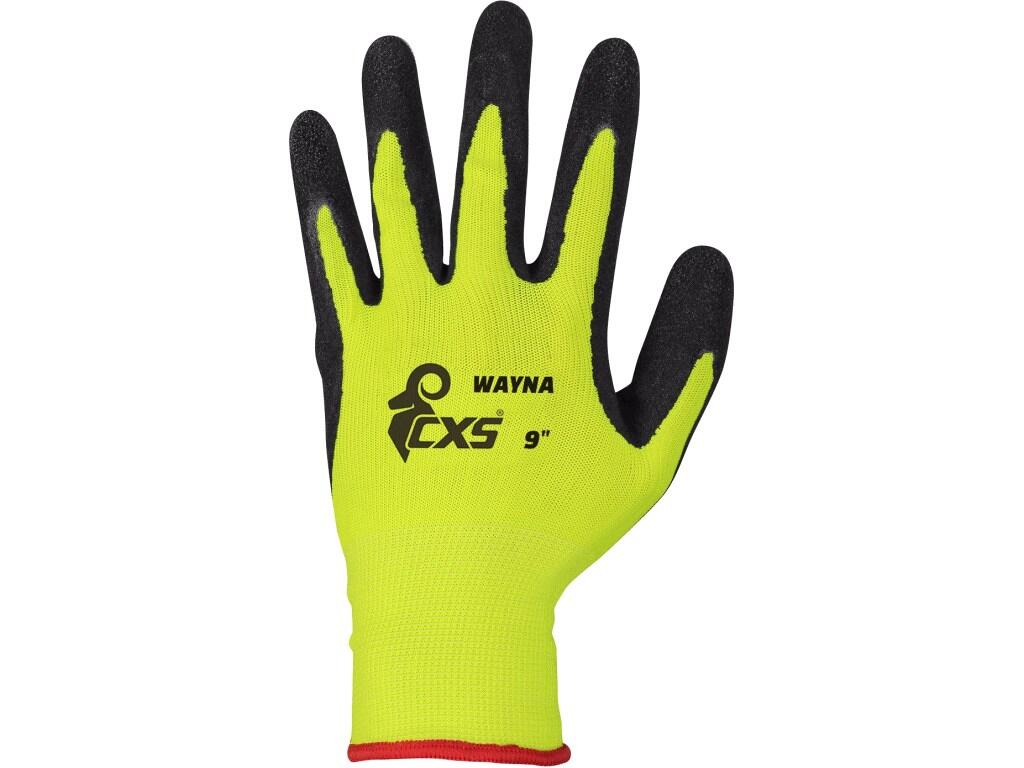 Glowes CXS WAYNA: Seamless gloves made of soft knit, palm and fingers coated with latex with sandy finish for better grip, elastic cuff. Packed with blister. Recommended applicati…