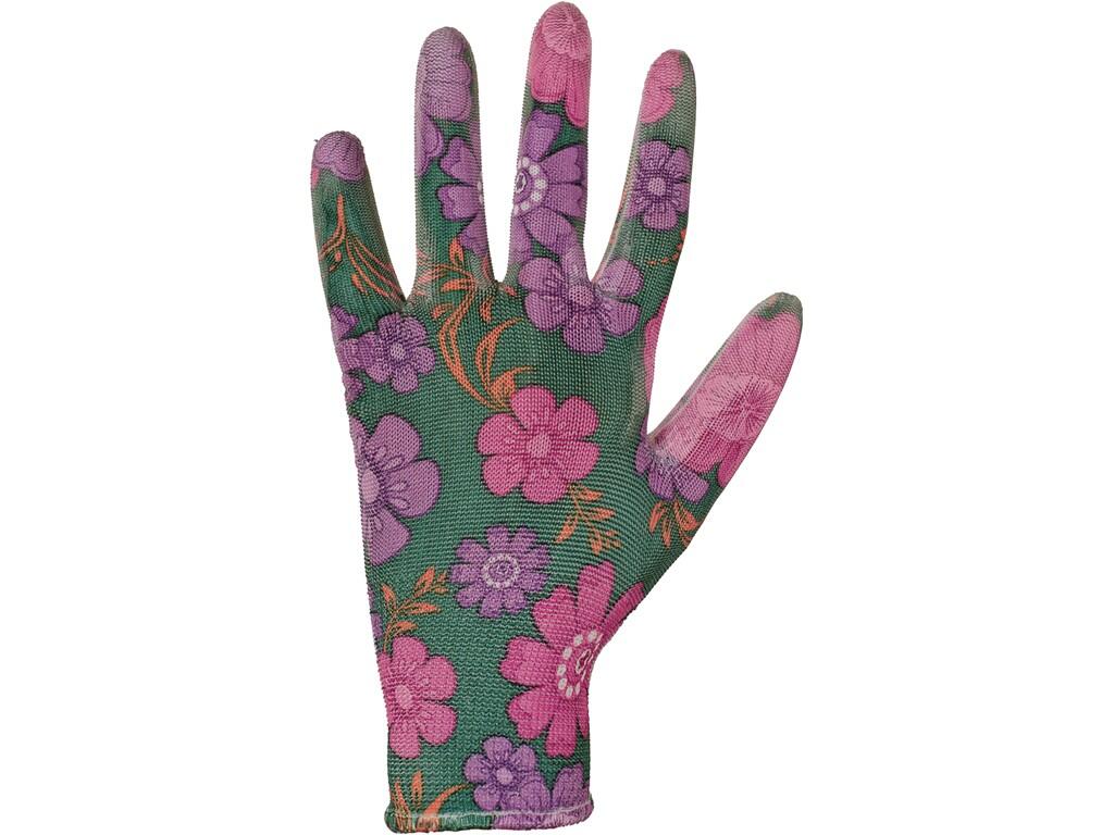 Gloves CXS LEIVA: Knitted seamless gloves with print, palm and fingers coated by polyurethane, elastic cuff. Packed with blister. Recommended application: garden, hobby, agricultu…