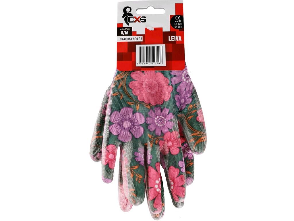 Gloves CXS LEIVA: Knitted seamless gloves with print, palm and fingers coated by polyurethane, elastic cuff. Packed with blister. Recommended application: garden, hobby, agricultu…