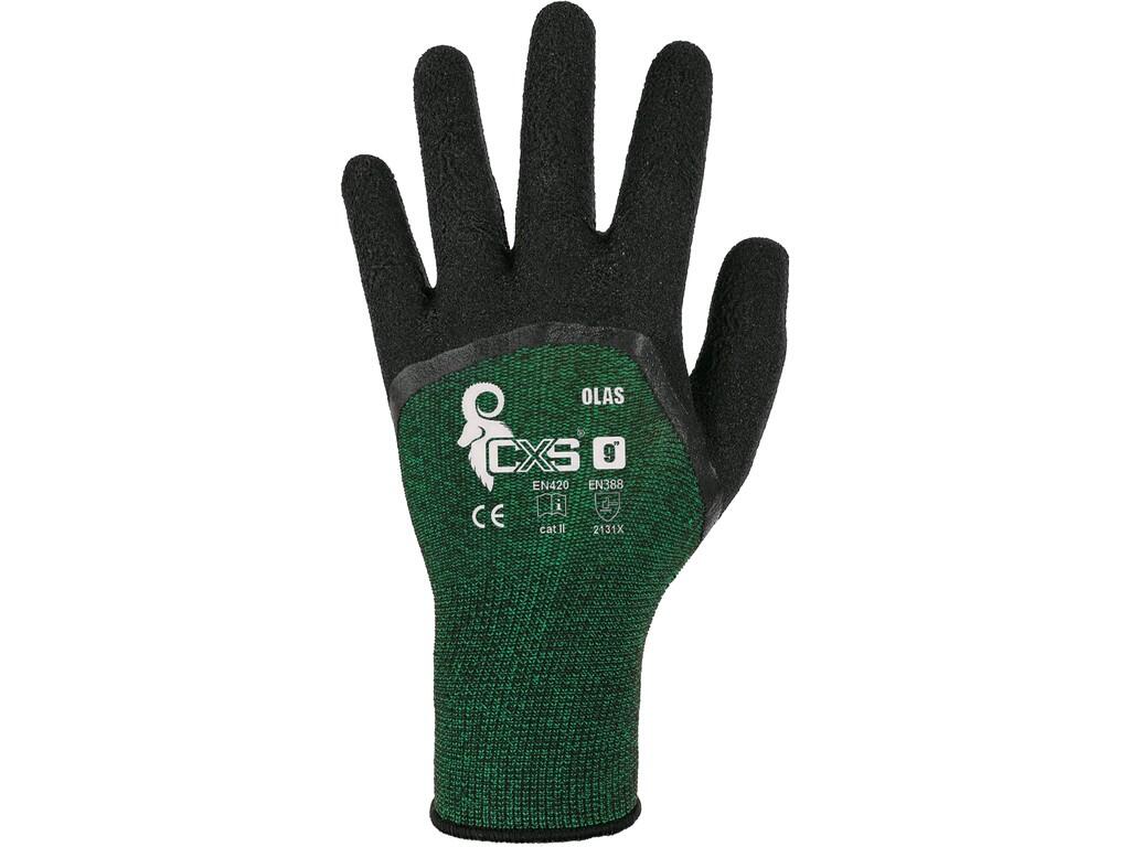 Gloves CXS OLAS: Seamless gloves made of soft mixed knit, 3/4 coated with latex foam, elastic cuff. Recommended application: logistics, warehouse, hobby, work with slippery object…