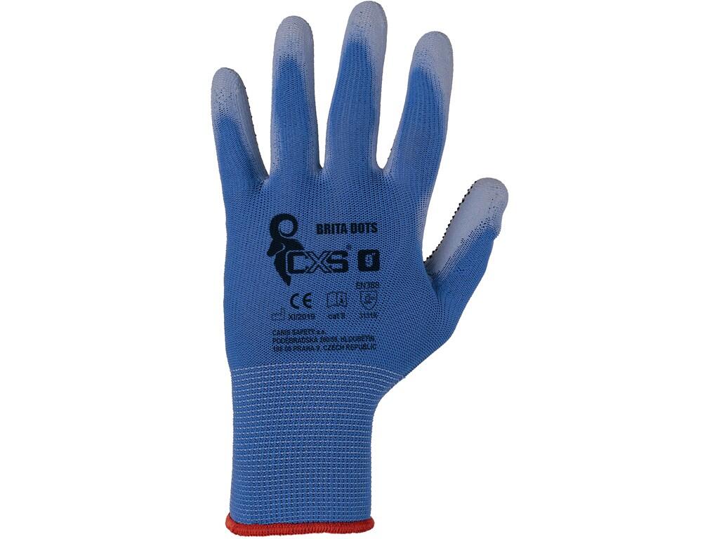 Gloves BRITA DOTS: Knitted seamless gloves with PVC dots in palm. Palm and fingers coated by polyester, elastic cuff. Recommended application: automotive, electronics, logistics,…
