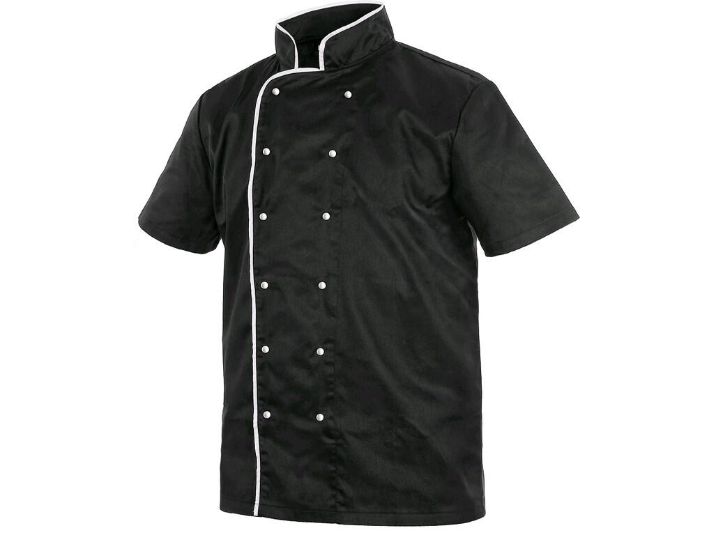 Chef´s jacket with short sleeve: Chef’s jacket in modern design, short sleeve, banded collar, double row fastening with rondon buttons. Suitable for embroidery and printing. Recom…