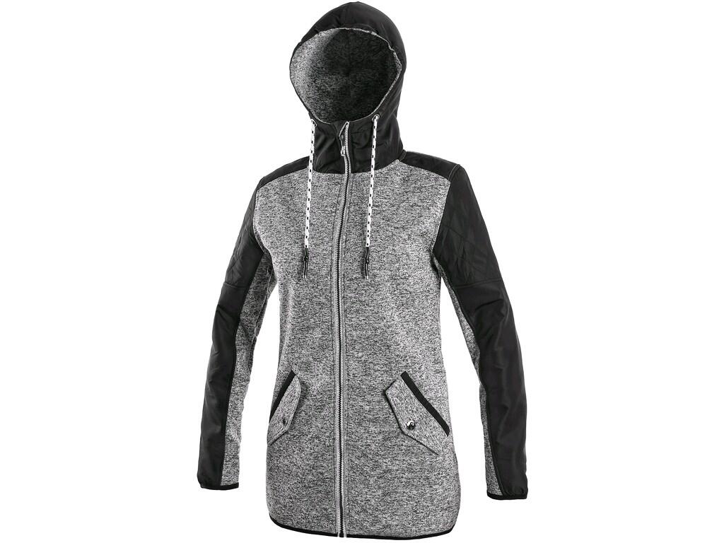 Jacket CXS CAPE: Ladies’ jacket made of knitted fabric, prolonged, combination of materials, fixed hood, zipper fastening, sleeves to the elastic band, 2 side pockets, reflective…