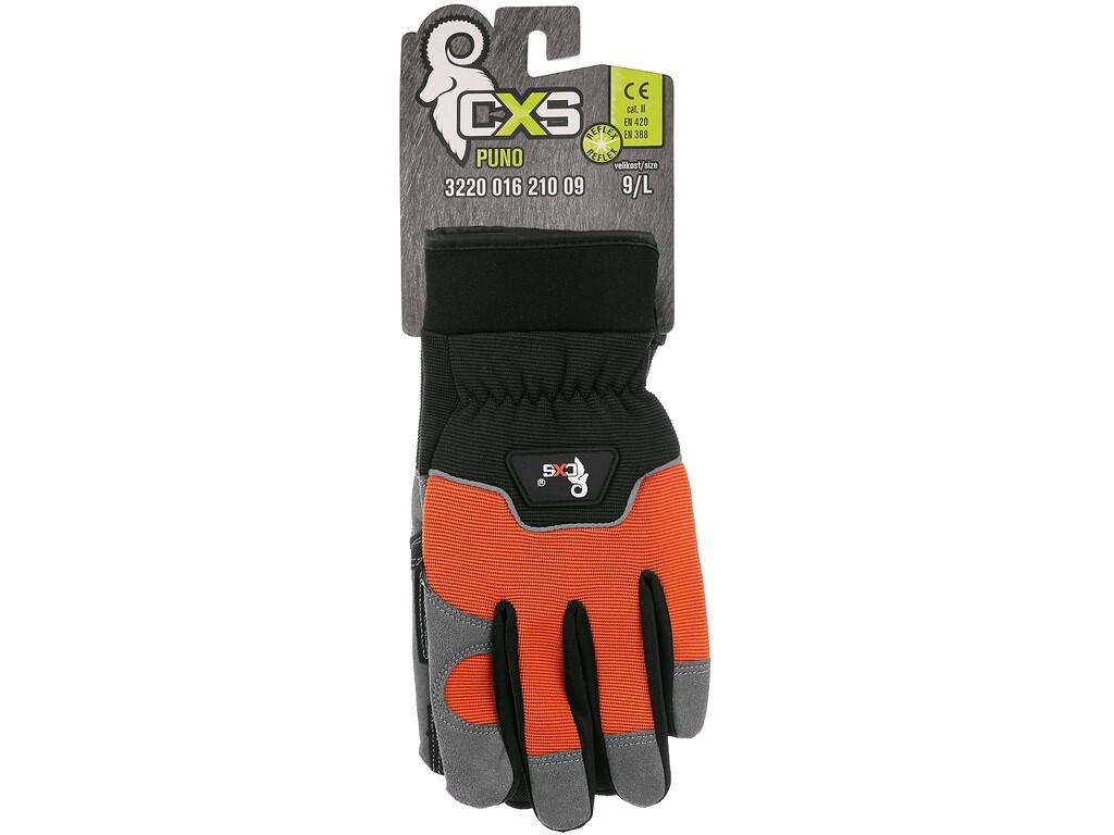 Gloves CXS PUNO: Combined gloves with reflective strap on back, comfortable and resistant to shrinking, stretching and hardening. Polyurethane padding in palm to help reduce shock…