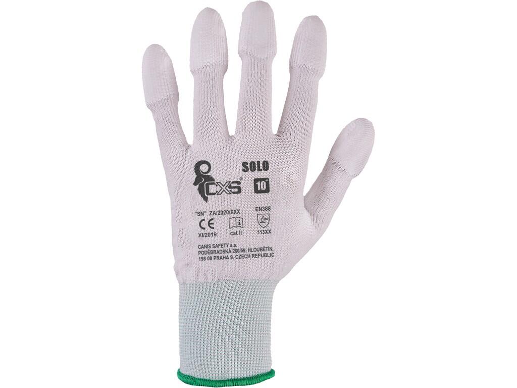 Gloves CXS SOLO: Knitted seamless gloves with elastic cuff and thin polyurethane layer on fingertips. Recommended application: automotive, electronics, logistics, warehouse, garde…