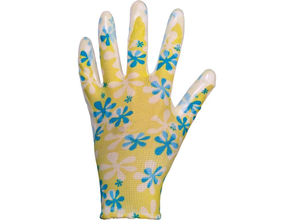 Gloves CXS FIDO: Knitted seamless gloves with print, palm and fingers smooth nitrile coated, elastic cuff. Packed with blister. Recommended application: garden, hobby, agriculture…