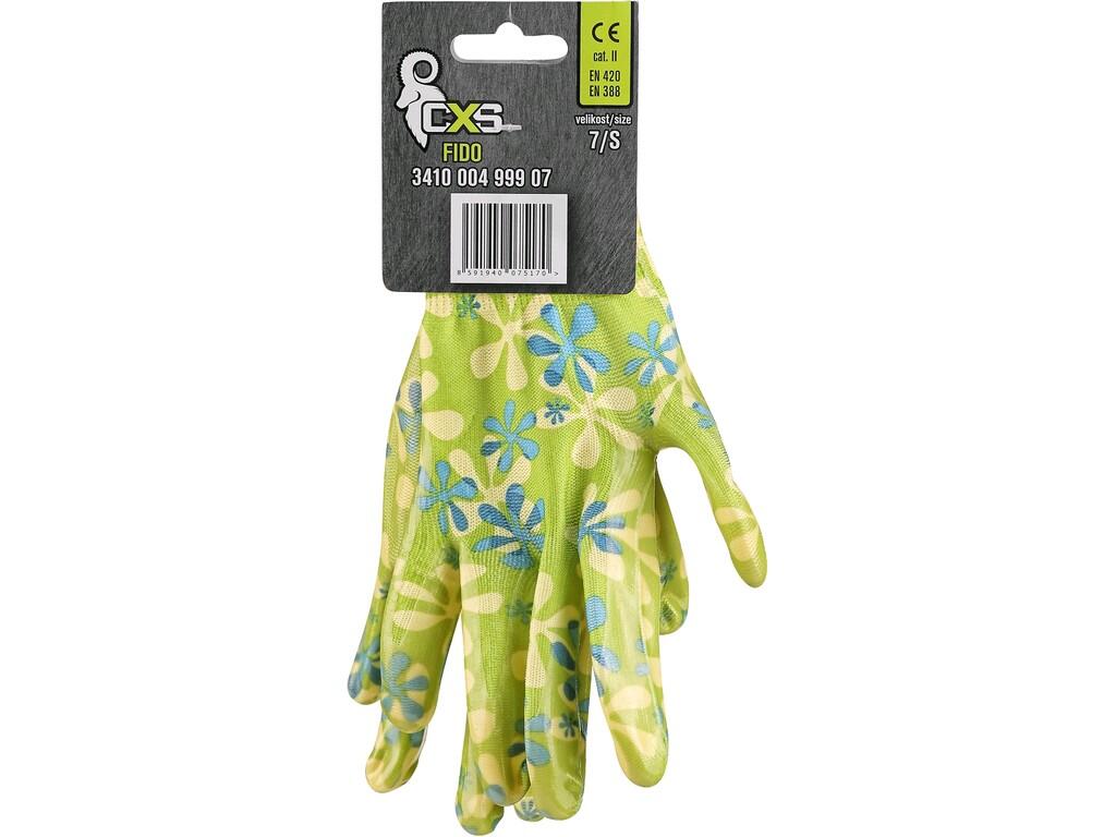 Gloves CXS FIDO: Knitted seamless gloves with print, palm and fingers smooth nitrile coated, elastic cuff. Packed with blister. Recommended application: garden, hobby, agriculture…