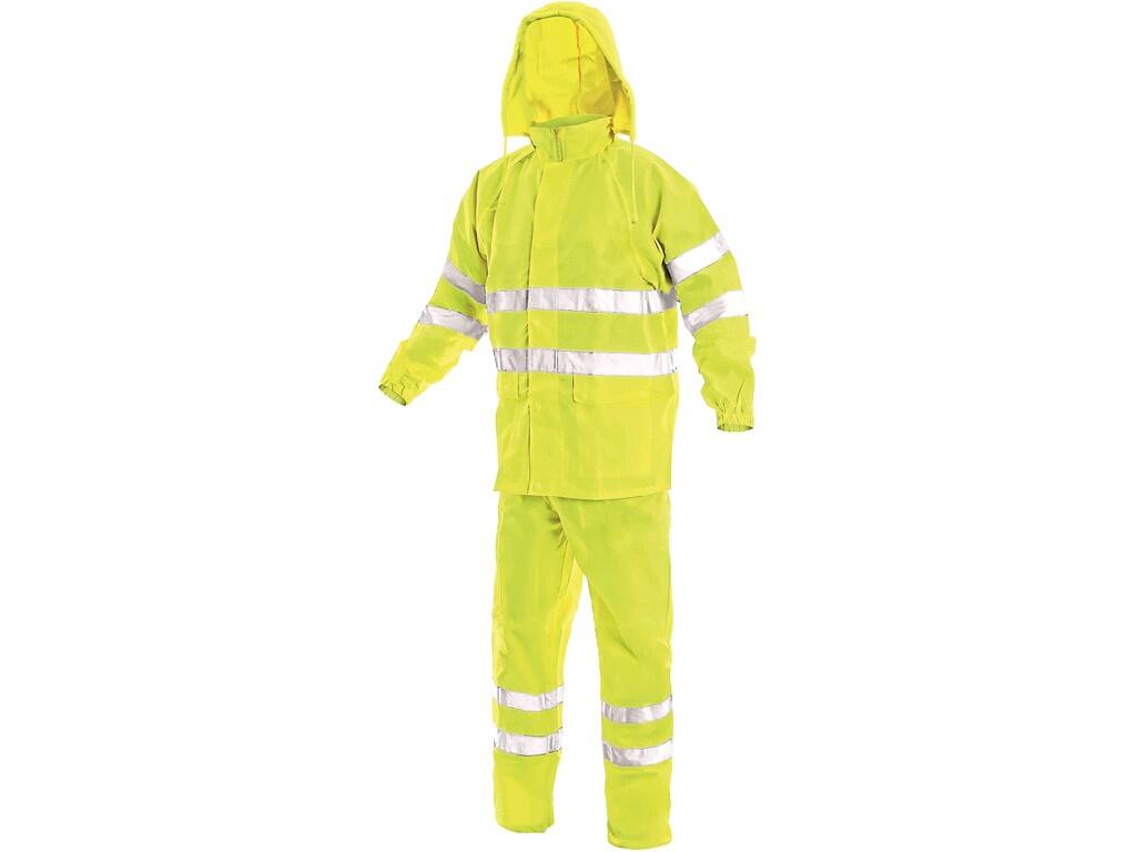 Suit YORK: High visible suit with reflective tapes, waterproof, taped seams, hood in collar, jacket’s fastening covered by trimming, raglan sleeves with rubber wristband, two bott…