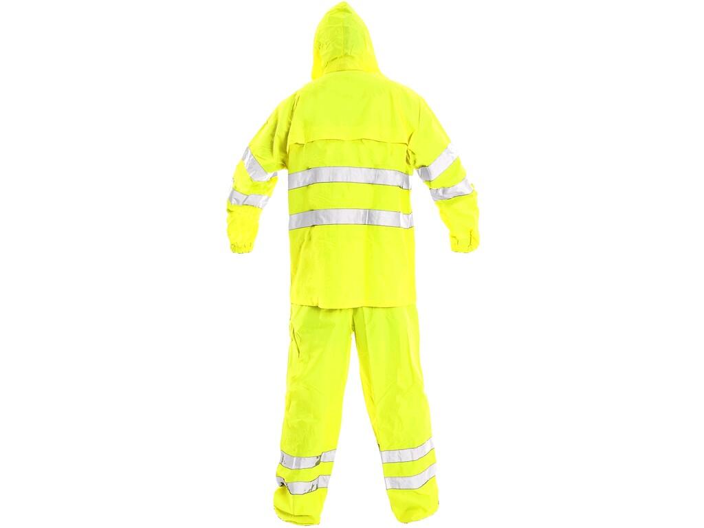 Suit YORK: High visible suit with reflective tapes, waterproof, taped seams, hood in collar, jacket’s fastening covered by trimming, raglan sleeves with rubber wristband, two bott…