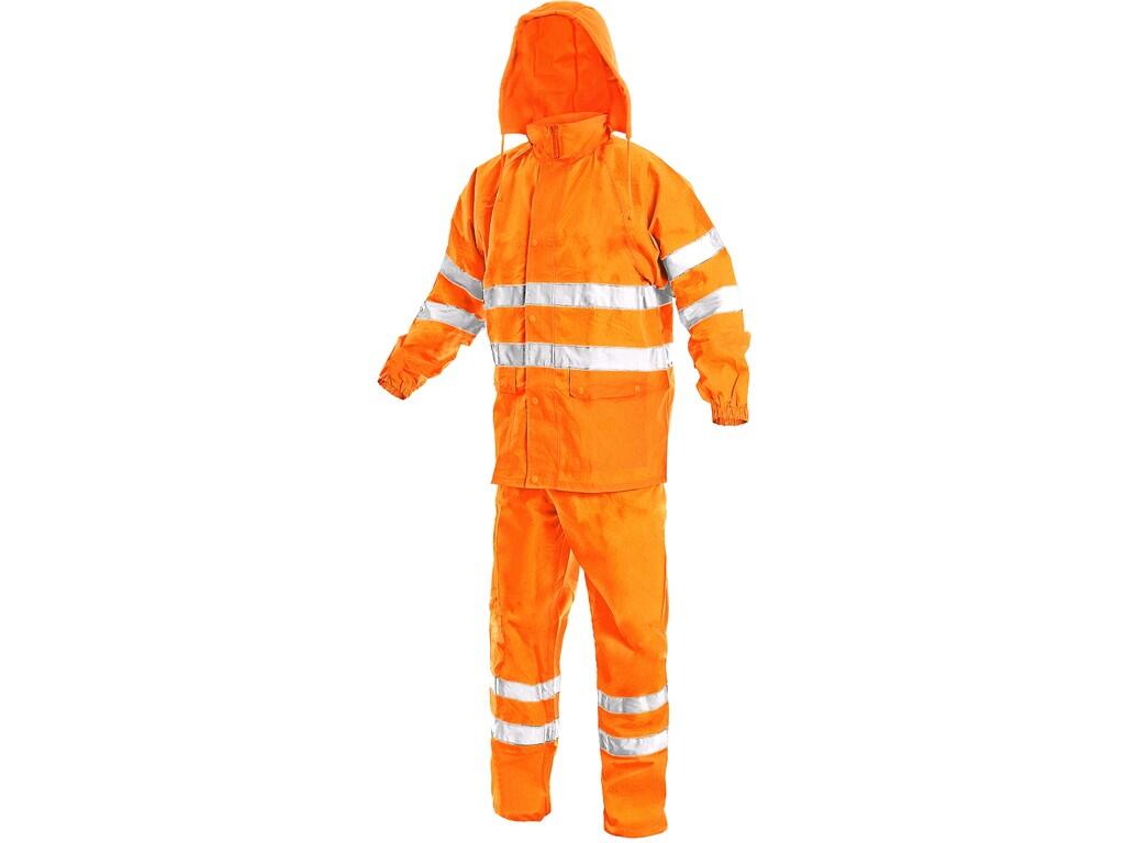Suit YORK: High visible suit with reflective tapes, waterproof, taped seams, hood in collar, jacket’s fastening covered by trimming, raglan sleeves with rubber wristband, two bott…