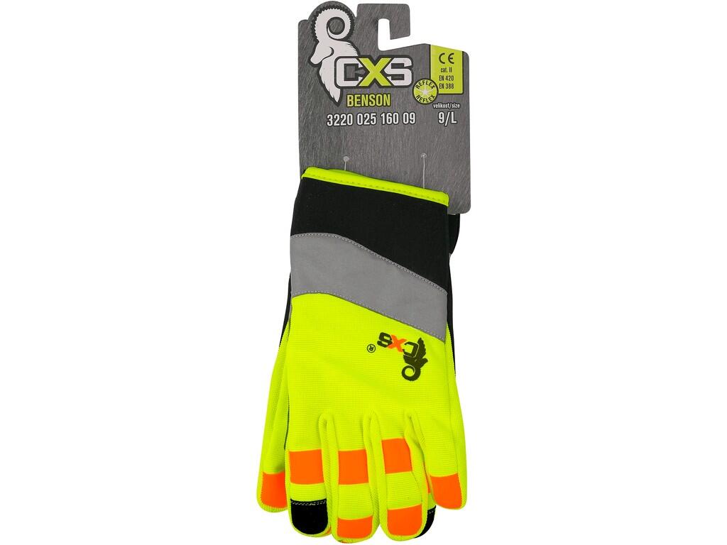 Gloves CXS BENSON: Combined gloves with reflective tape and silicone applications on fingers for better grip and manipulation. Palm is made of synthetic leather (microfibre). Glov…
