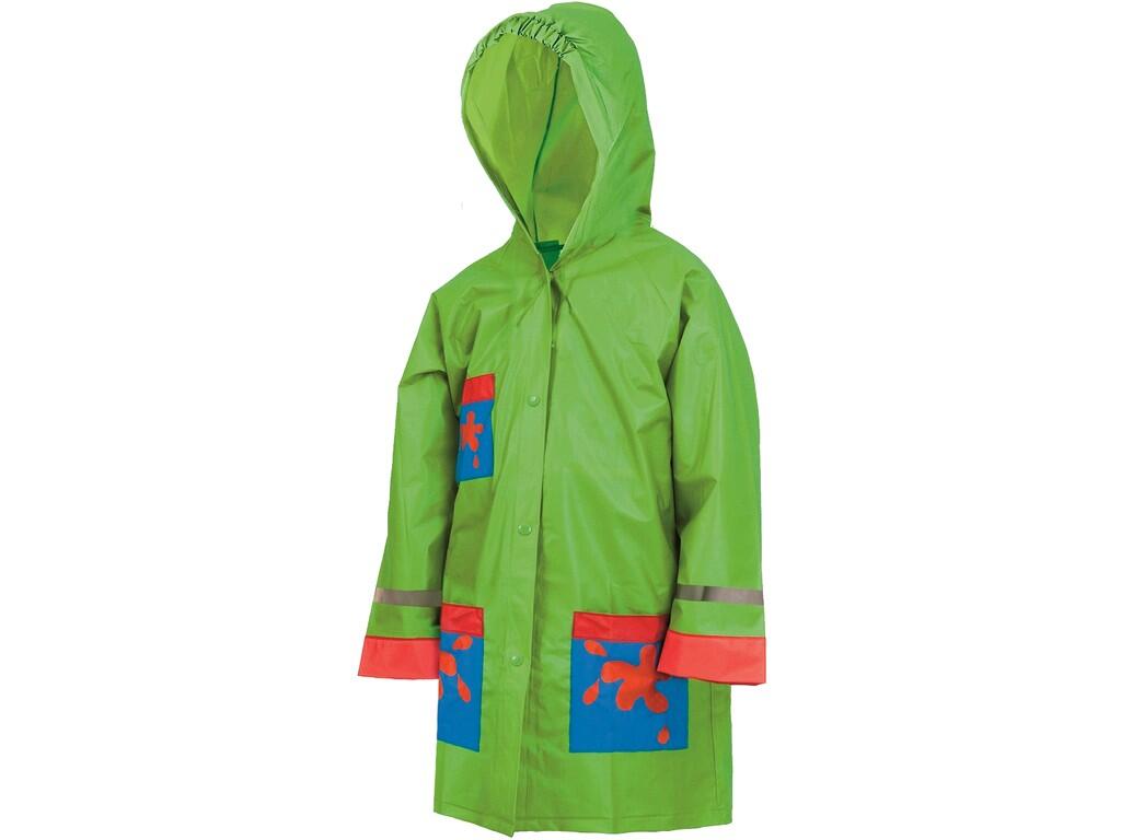 Raincoat FROGY: Waterproof rain coat for children, fixed hood, push-button fastening, thermo-sealed seams, reflective accessories.